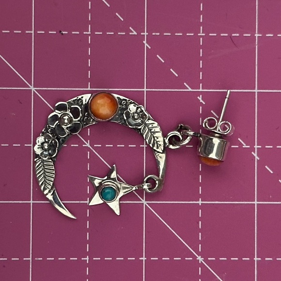 Spiny oyster turquoise moon,  stars dangle southwestern Sterling silver earrings - Picture 6 of 6